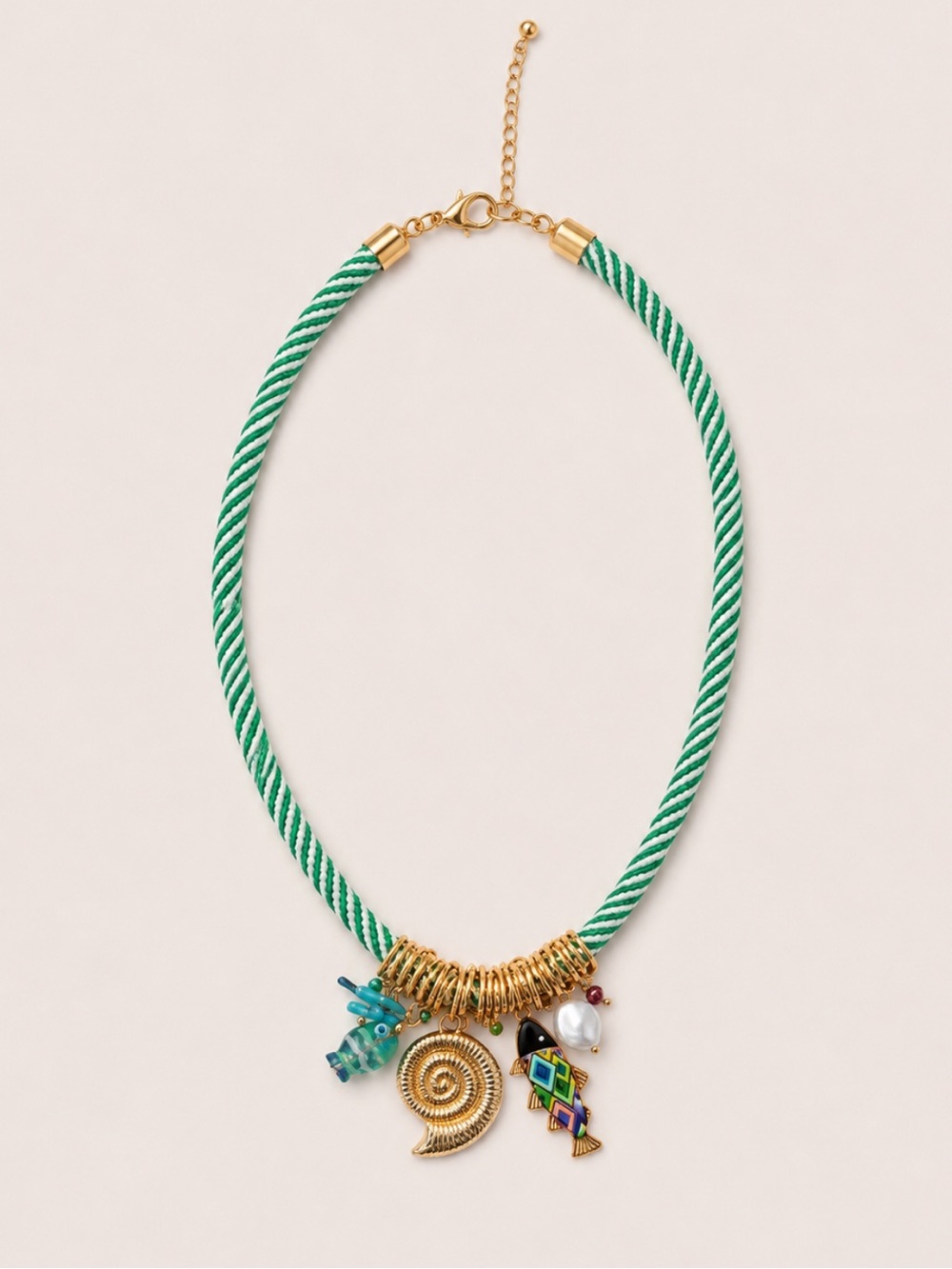 New! Green Striped Cord Shell Fish Pendant Necklace NWOT 3022